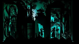 A dark teal district in the shadows designed in Javanese shadow puppets