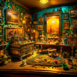 Diorama of old stuff in a room, sharp focus, 8k, 3d, very detailed, volumetric light, grim, fine art, very colorful, ornate, 35mm, F/2.8, insanely detailed and intricate, hypermaximalist, super detailed, decadent