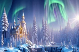  white and gold crystal castle，waterfall, winter snow flakessnow, northern Lights, full of details, smooth, bright sunshine，soft light atmosphere, light effect，vaporwave colorful, concept art, smooth, extremely sharp detail, finely tuned detail, ultra high definition, 8 k, unreal engine 5, ultra sharp focus