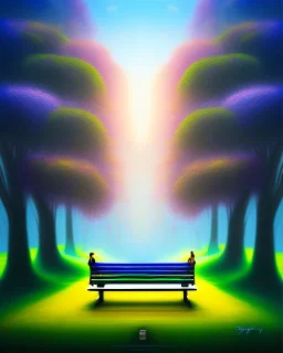 park mystical dream, park bench, man, woman, child, dog, trees, path, bird, sunshine, mystical, fantasy, romanticism, pastel colors, daylight, daytime, acrylic painting, detailed, soft focus,