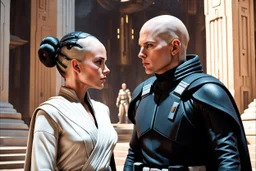 a bold and heroic bald male Corellian pilot in black and grey First Order special forces gear meets a female Jedi Master in ancient, mystical temple, hyperdetailed, dynamic lighting, hyperdetailed background, 8k resolution, volumetric lighting, light skin, fully symmetric details