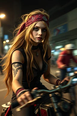 motion blur cyberpunk young bike rMichelle Pfeiffer gypsy vampire with head band mods painted by Rembrandt and Titian and Giger