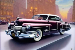 a true-to-life 1946 cadillac series 62 sedanette, centered, intricate, extreme detailed, photorealism, center view, city background, pivot on cadillac, pen and color marker painting by cheryl kelley