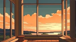 lofi mix youtube video anime style scene background summer window view, no people