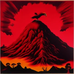 A giant dark red volcano with a Phoenix on top painted by Andy Warhol