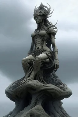 sculpture of goddess above the clouds on a top of a mountain , decayed and rotting with grotesque proportions and imagery. abstract grotesqueries, detailed texture, surreal horror, biomechanical design, by hr giger and beksinski
