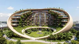 A unique residential complex designed as a large, smooth torus (doughnut) shape. The circular structure encloses a lush, green courtyard, and the outer walls are a mix of glass and vegetation. The curvature of the torus creates a sense of fluidity and unity, with the apartments arranged to follow the continuous curve of the building. Award-winning photograph.