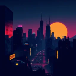 city silhuette, cyberpunk, 80s, retro