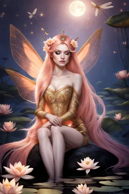 Peach hair , light peach hair, dark,night dark gold,gold,golden,rapunzel hair,dragonflies,water lilies, night,light,,butterflies,elven ears,dark fairy ,night sky,stars,princess,nymph,sparkle,glitter,orchids