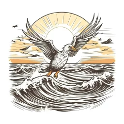 A seagull flying over crashing waves, serene, naturalistic, soft sunrise lighting, T-shirt design graphic, vector, contour, white background