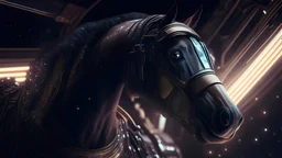 portrait of a suave bounty hunter horse in his spaceship. intricate details. photo real. 8k. subtle light streaks