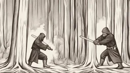 Jedi lumberjack cutting tree using lightsaber