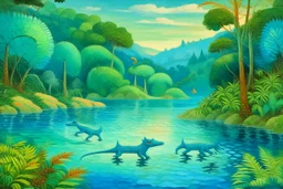 A blue watery coast with water dragons near a rainforest painted by Georges Seurat