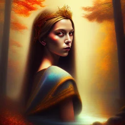 spray painted fantasy art, book illustration,portrait of high priestess by a dam ,autumn water, evening