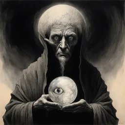 Blind gnostic seer with milky write eyes, holding a glass globe with an eye in it, stylish oil painting, Ted McKeever style, by Zdzislaw Beksinski, ink wash mind-bending painting, dark shine, by VS Gaitonde