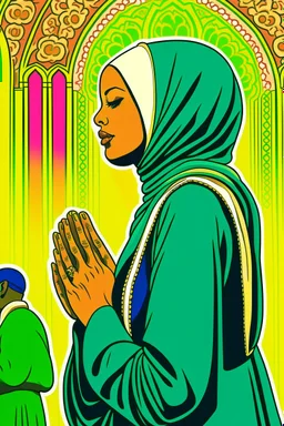 An illustration of a Muslim woman leading a prayer