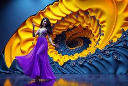 modern stage with gray-dark yellow blueish violet theme artistic decoration , color full dynamic lighting, a beautiful lady in maxi dress with shining silver jewels,curvy long hair dancing, 3D recursive fractal structure animating background