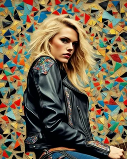 "Midnight Serenade unique" low view angle shot down village road , large close up a beautiful young blonde woman wearing a cool black leather jacket like rocker style and holding a guitar, granite terrazzo motifs with puzzle modern clothing is decorated with colorful filigree abstract, Collage chutes papiers magazines,Spirograph background by Nisa Kiley, Textile Artist