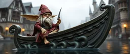 a blonde fluffy gnome quickling kobold gremlin that looks like the opposite of a vampire in bunad leaning on statue of twister interdimensional sci fi boat