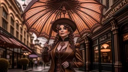 woman standing in a street with a parasol shaped like a mushroom with tentacles, in a steampunk setting