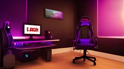 Cute black cat sitting on a gaming chair, in front of a gaming PC table, in a dark room with purple lights and gaming posters, atmospheric, gorgeous, realistic