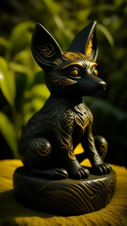 A black shadow elemental fox designed in Hawaiian tiki statues painted by Leonardo da Vinci