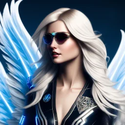 A beautiful portrait of a cute smiling cyberpunk woman with wings, long blond haire, high key lighting, volumetric light high details with white stripes and feathers and blue celtic paterns and glasses