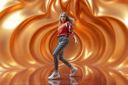 beautiful lady with todays modern clothing and sport shoes, in surreal stage made of 3d fractal random size recursive objects with helical strip colors in clothing similar to environment full body dancing to camera,animating background metallic random color size recursive objects