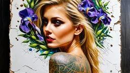 old canvas with worn torn folded edges and holes, cracks, heavily grained, broken lens effect, Iris wreath portrait Blonde woman, red lips, back tattoo, Alcohol ink, Hyperdetail, Anna Razumovskaya, Anna Dittmann, Luis Royo