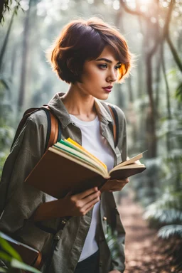 portrait pint of color photo of a student girl 22 years old ,short hair with her books in her hand walking in magic jungle in trees