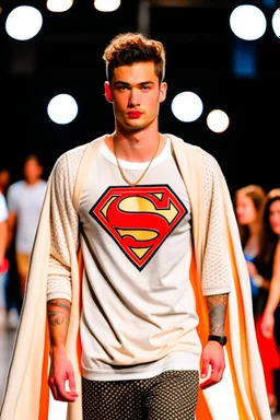 A guy on a fashion runway with Kryptonian Superman street wear all embroidery Clothes in neutral colors