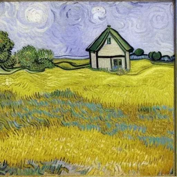 cottage , in the fields, Lake, airbrush, flowers by Van Gogh