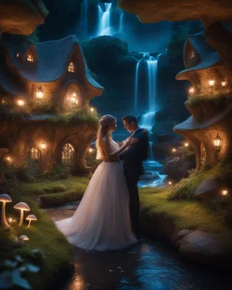 Close up Camera profesional Photography photoshoot Romance Wedding Couple Dancing in Wonderful landscape fantasy night photography art Rivendell Village, darkness midnight magical forest and houses,beautiful light lamps,mushrooms,flowrs,little waterfall,river