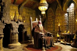 Interior of castle, wizard sits on throne