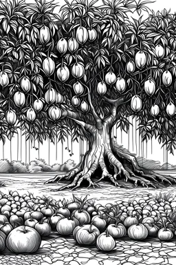 Outline art, no shading, mango tree with fruits, crops, with buckets, with flows, black and white, no shading, ow detail, --ar 9:11