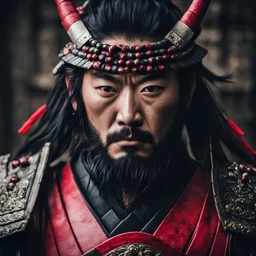 A close-up portrait of a noble samurai, japanese man , showcasing the strength and constitution of a samurai dedicated to the way of the bishamon, long black hair, red samurai armor, bishamon armor, dark ambient. [Warrior, Determination, lucifer eyes, Experience, Close-Up, Resolute, L5R, Bishamon, samurai helmet]