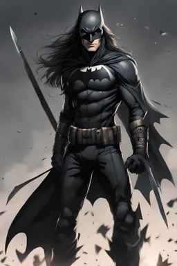 A man with long hair wearing black, batman, military like ninja suit with verity of blades