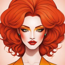 Minimalistic art representing the attitude 'SO WHAT', depicting symmetrical thin nose, ample full lips, androgynous beauty inspired by Tite Kubo's designs, hair in vibrant ginger tint, background filled with a lively, whimsical woman named Natscha from the world of magic burlesque, engaged in an intriguing interaction, art imbued with vibrant colors, featuring a classic Miss Domenica, waiting
