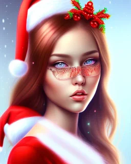 girl in Santa dress, close up portrait, Christmas colored hair