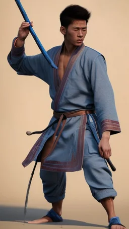 A young male water genasi with deep blue skin color, water shape dred hair on head. Shaolin monk with long stick weapon, kung fu master, martial art