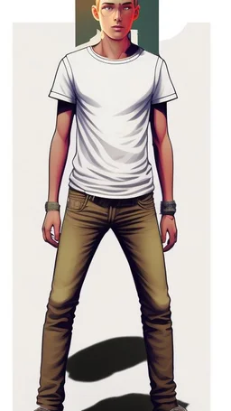 Teen man, blond hair, perfect face, style of tomer hanuka, jeans, white, t-shirt, pompadour