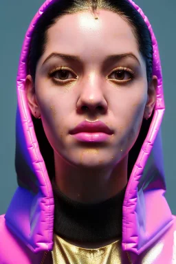 Ultra Realistic image, Rosalía artist, portrait, normal complexion, waist up portrait, eye liner, inflatable open coat, gold, pink, spray glow make up, geometric led jewelry, fog, hot, inflatable style latex coat, vibrant color, highly detailed, art stations, concept art, smooth, unreal engine 5, god rays, ray tracing, RTX, lumen lighting, ultra detail, volumetric lighting, 3d, finely drawn, high definition, high resolution.