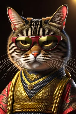 Cat in samurai dress in Japan, portrait of half body, wearing sunglasses ,Photorealistic, next level resolution, 4k, ultra quality, hyper realistic
