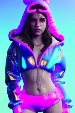 Ultra Realistic image, Rosalía artist, portrait, waist up portrait, long black eye line, sweet face, inflatable hoodie, gold pink and blue style, spray glow make up, led lights, neon, rings piercing nose, led ornament, fog, bubble latex coat, vibrant color, highly detailed, art stations, concept art, smooth, unreal engine 5, god rays, ray tracing, RTX, lumen lighting, ultra detail, volumetric lighting, 3d, finely drawn, high definition, high resolution.