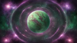 matrix universe, space, planets, god creation. purple, dark green and red,