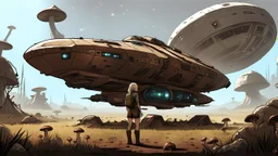 Concept art. Medium shot. A skinny 50-year-old woman standing, hands on hips, in brown shorts, shirt, and boots, standing next to a squat cargo spaceship, sitting in a clearing, in a derelict alien town with mushrooms and fungi.