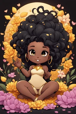 A sassy thick-lined comic book art cartoon black chibi girl lounging lazily on her side, surrounded by flower petals. She has a golden lion tail curling playfully behind her curvy body. Looking up coyly, she grins widely, showing sharp lion teeth. Her poofy hair forms a mane framing her confident, regal expression.