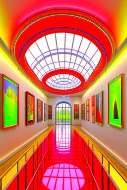 3 D-shot A hall for displaying art paintings. The walls are oval-shaped, and there is an oval wall in the middle of the hall, to divide the hall into two parts, and the paintings are hung on the walls, and the walls are made of glass.