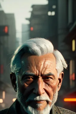 Old man Cyborg anime warrior, grey hair, trimmed grey goatee, brown eyes, waist up portrait, 4k resolution, intricate details, ornate details, soft lighting, vibrant colors, retroanime, futuristic cityscape background