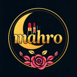 A circular logo designed for a cosmetics store with the name (mahro) with the symbol of the moon, which is decorated with cosmetics and nail polish, lipstick, body spray and with a rose at the bottom, and is made of gold, black, red, pink and red colors. It has been used